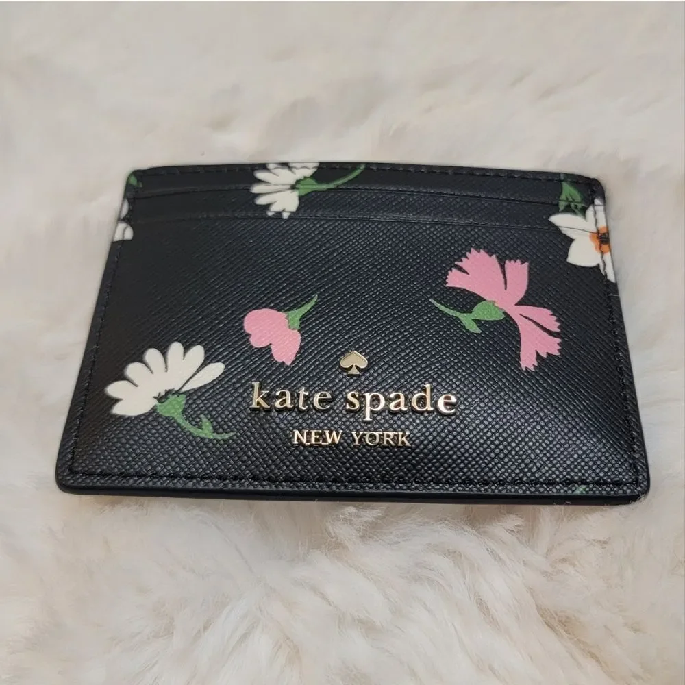 Kate Spade Madison Floral Waltz Printed Black Card Holder New $89